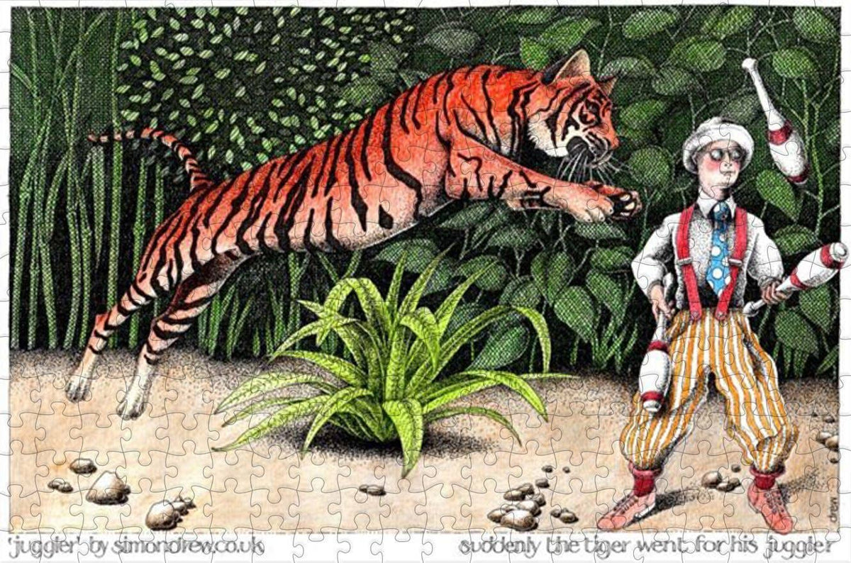 Suddenly the Tiger Went For His Juggler - Simon Drew Designs 300 Piece Wooden Puzzle - Quick Ship