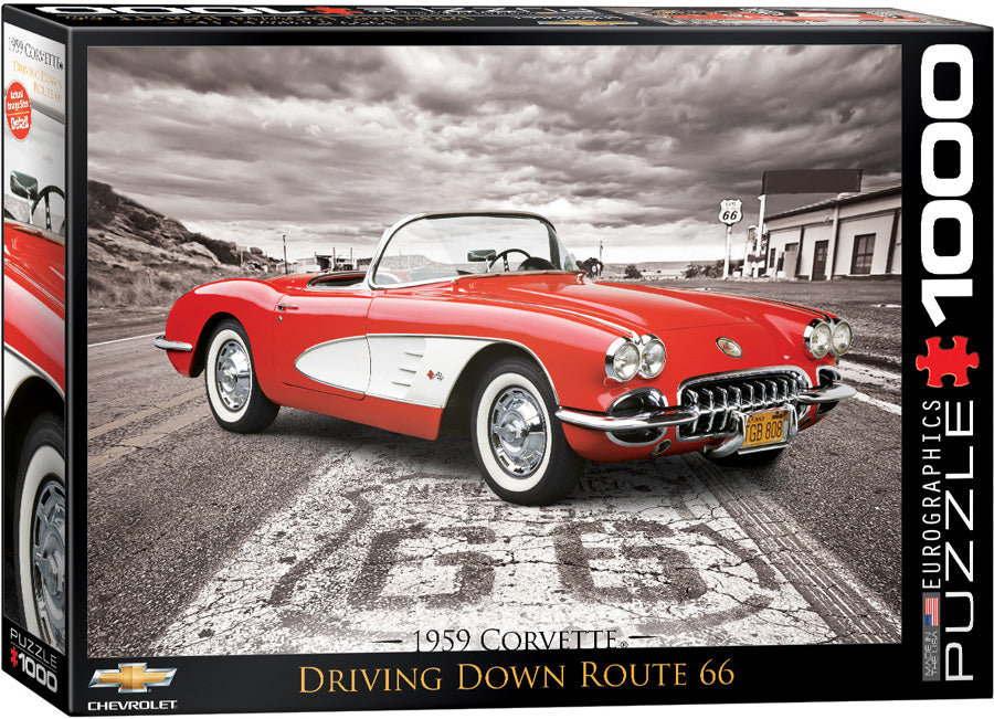 1959 Corvette Driving Down Route 66 1000 Piece Puzzle - Quick Ship - Puzzlicious.com