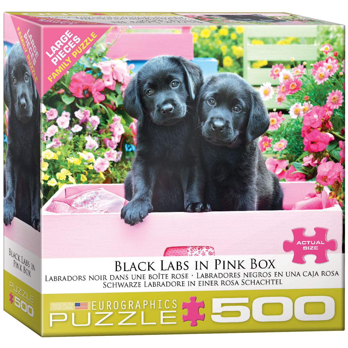 Black Labs in Pink Box 500 Piece Puzzle - Quick Ship - Puzzlicious.com