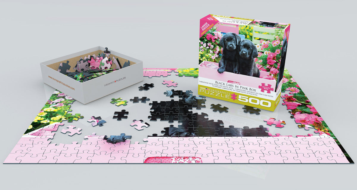 Black Labs in Pink Box 500 Piece Puzzle - Quick Ship - Puzzlicious.com