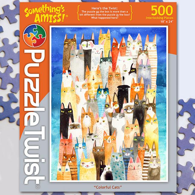Colorful Cats 500 Piece Puzzle Twist Jigsaw Puzzle - Quick Ship - Puzzlicious.com