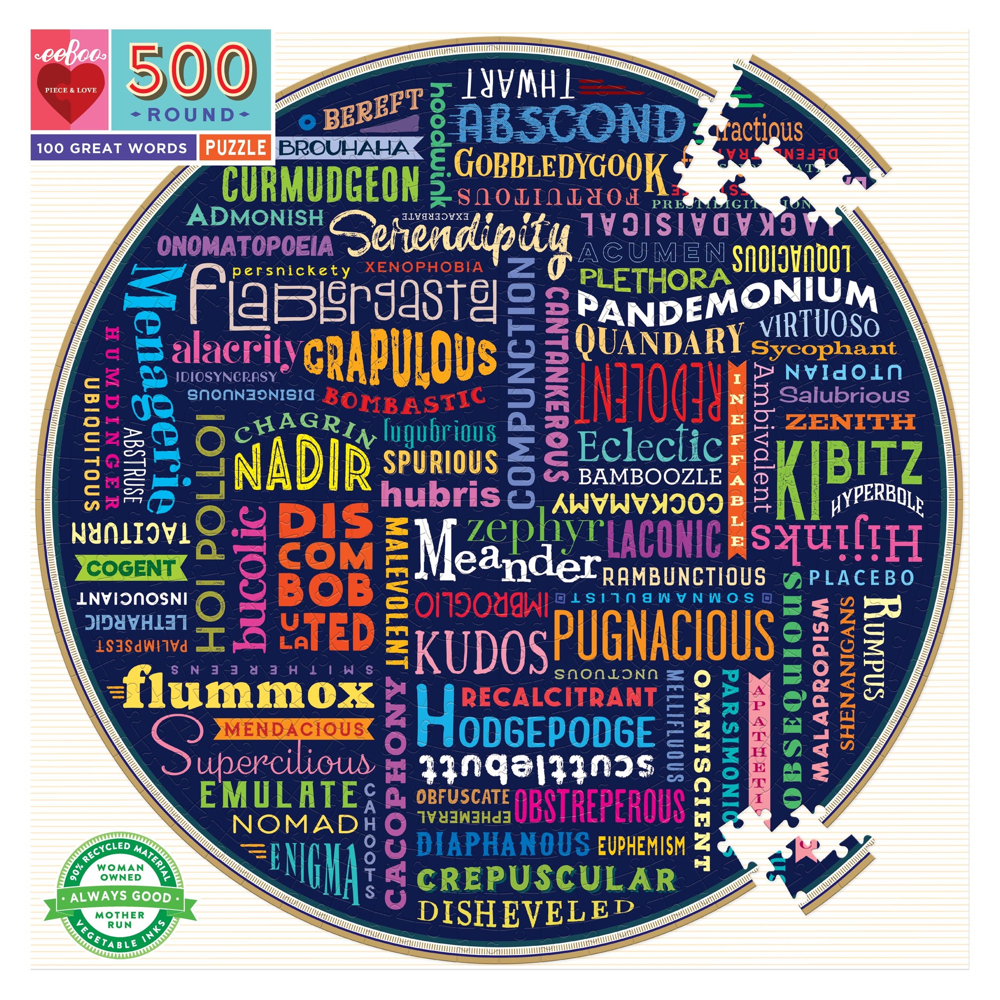 100 Great Words 500 Piece Round Puzzle - Quick Ship - Puzzlicious.com