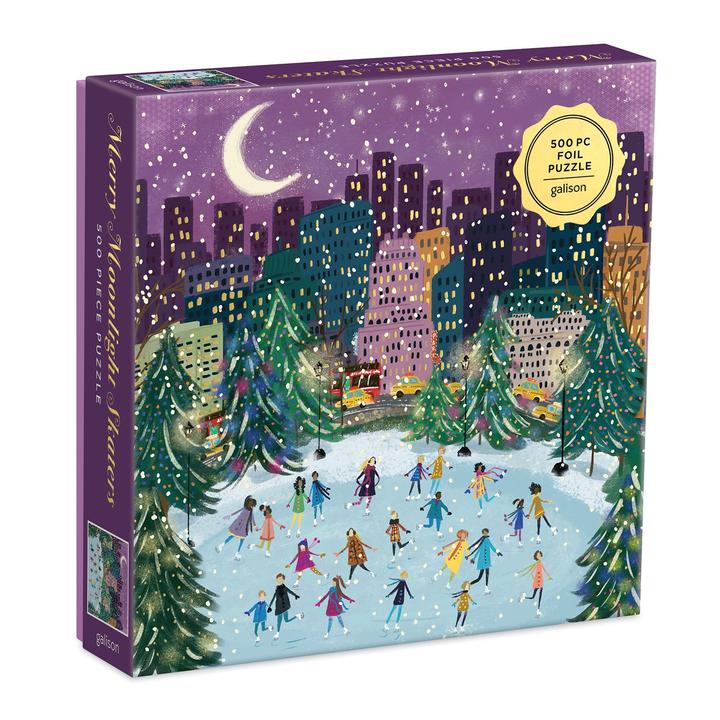 Merry Moonlight Skaters 500 Piece Foil Puzzle - Quick Ship - Puzzlicious.com