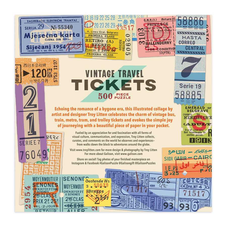 Troy Litten Vintage Travel Tickets 500 Piece Puzzle - Quick Ship - Puzzlicious.com